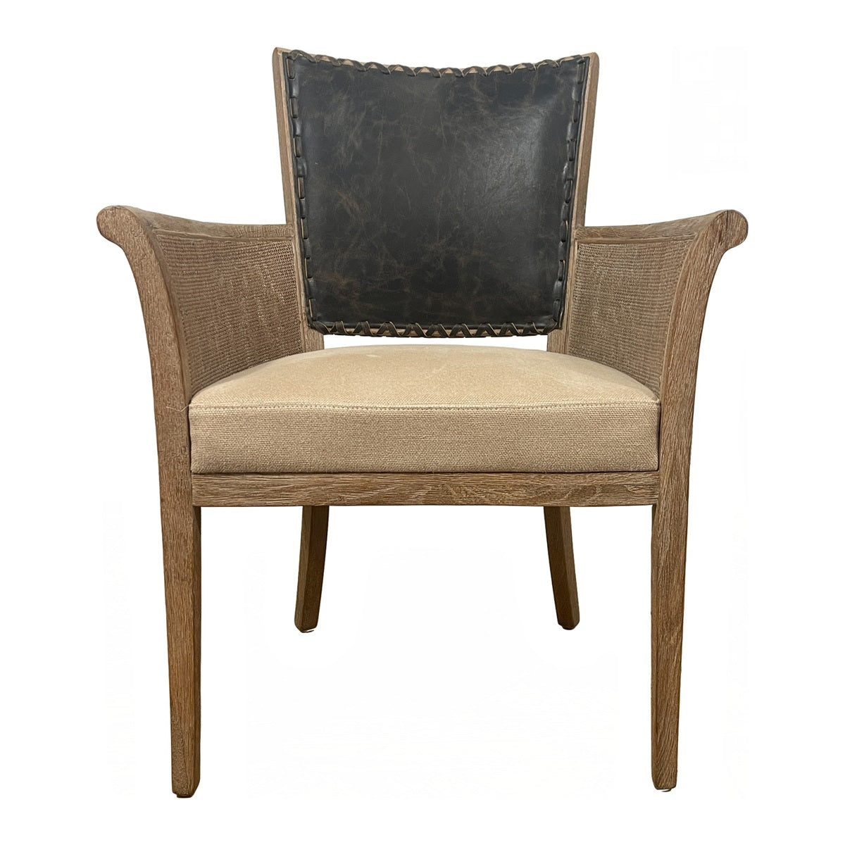 Dining arm chair with a black leather back and woven side panels on an oak frame