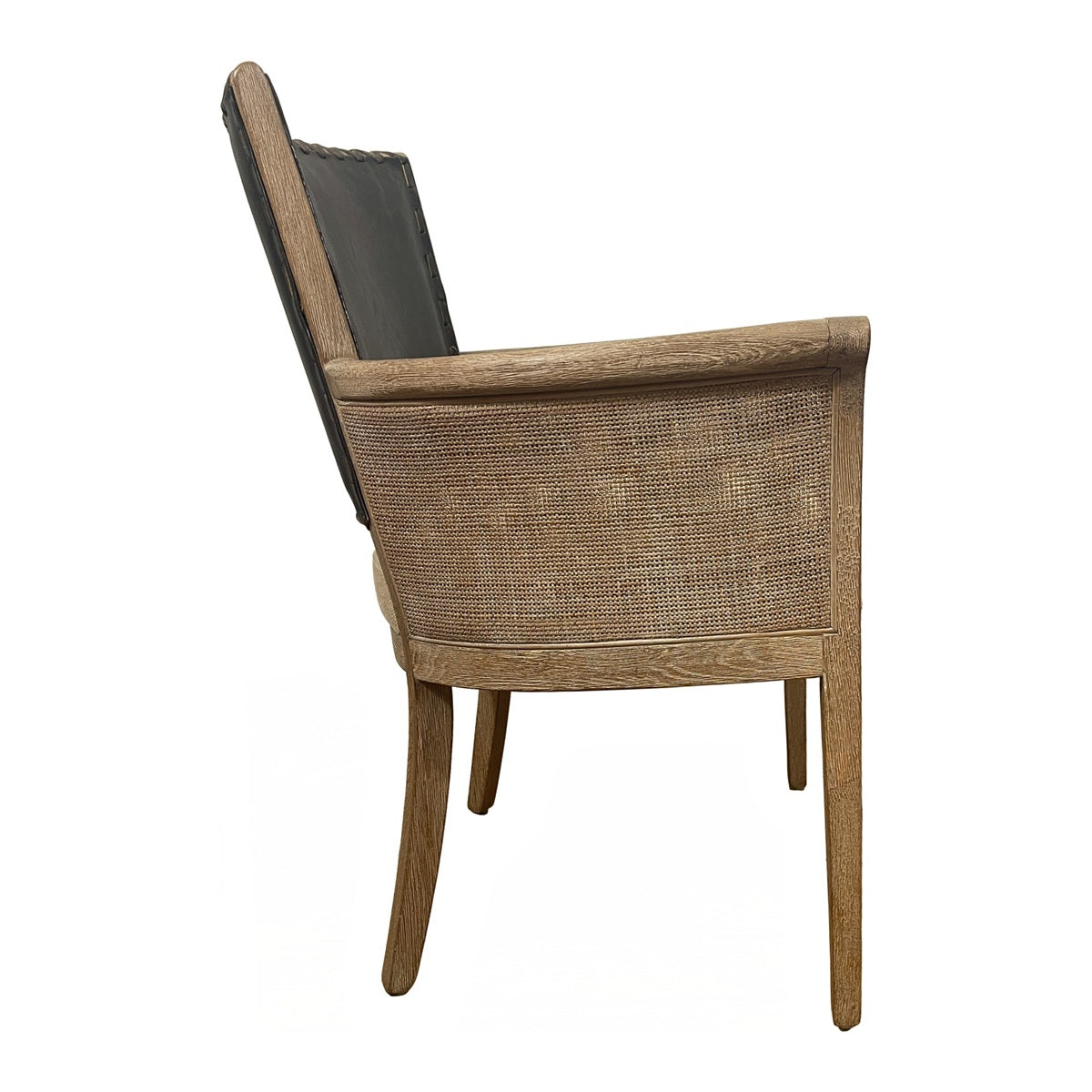 Dining arm chair with a black leather back and woven side panels on an oak frame