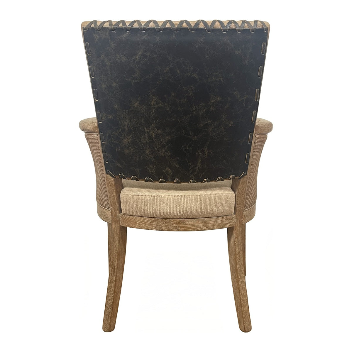 Dining arm chair with a black leather back and woven side panels on an oak frame
