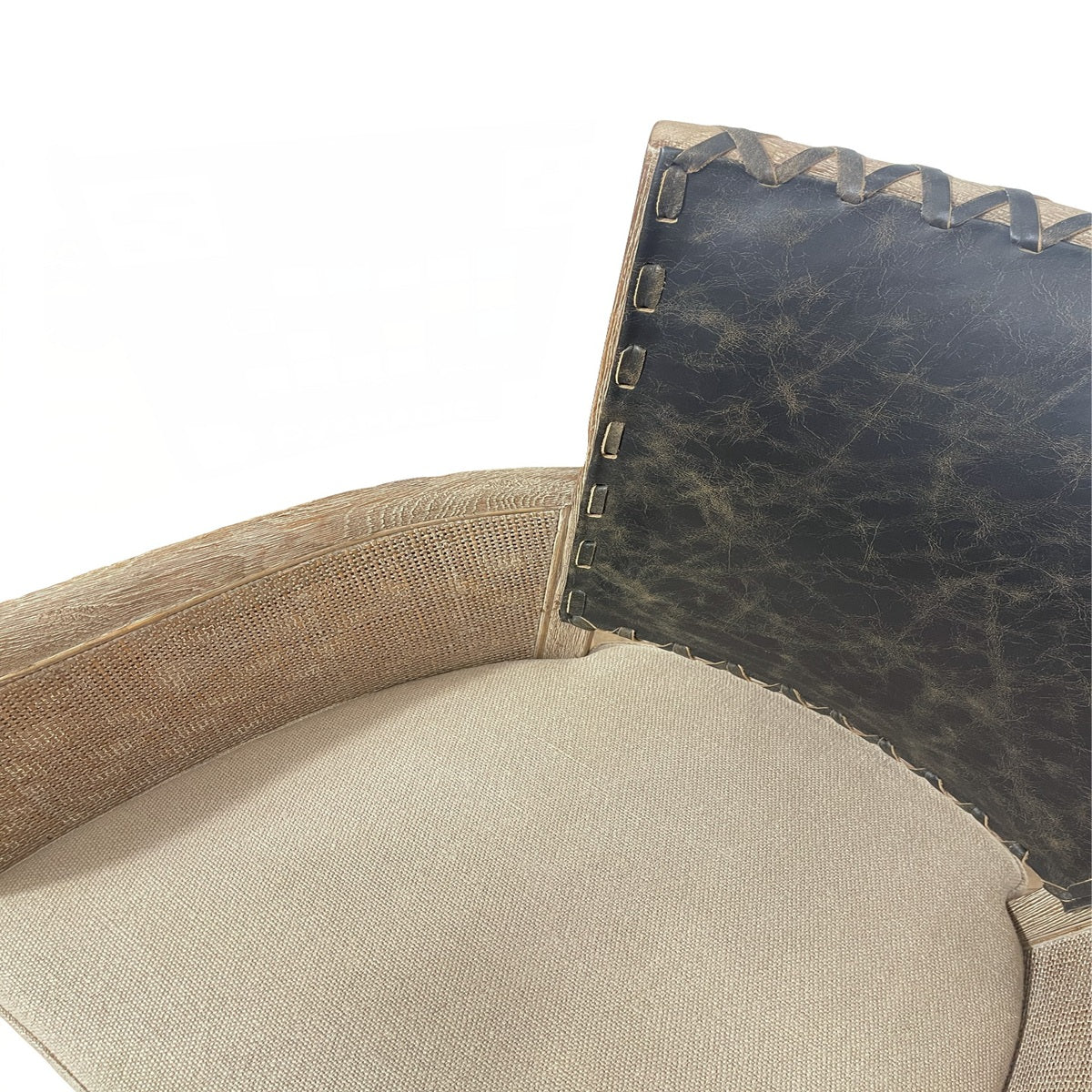 Dining arm chair with a black leather back and woven side panels on an oak frame