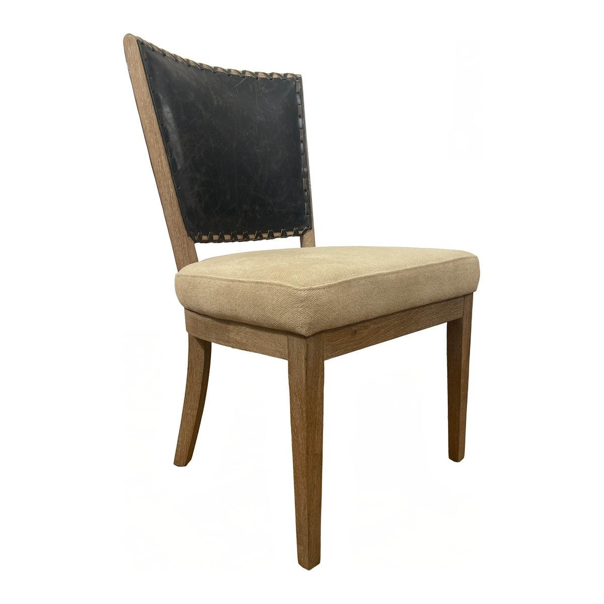 Side chair with a black leather back and upholstered seat on an oak frame