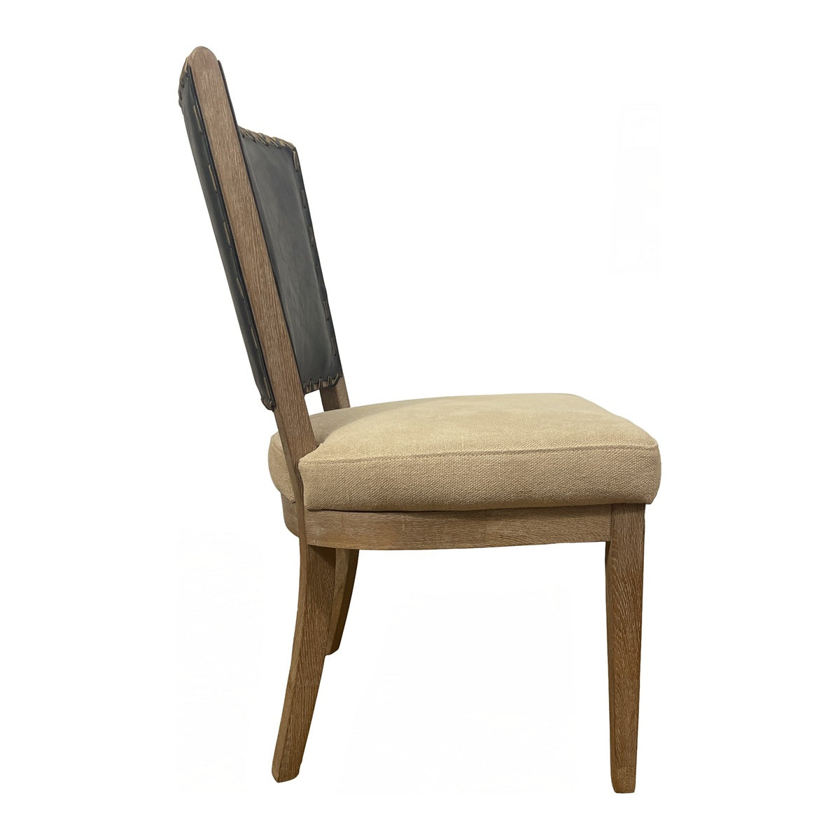Side chair with a black leather back and upholstered seat on an oak frame