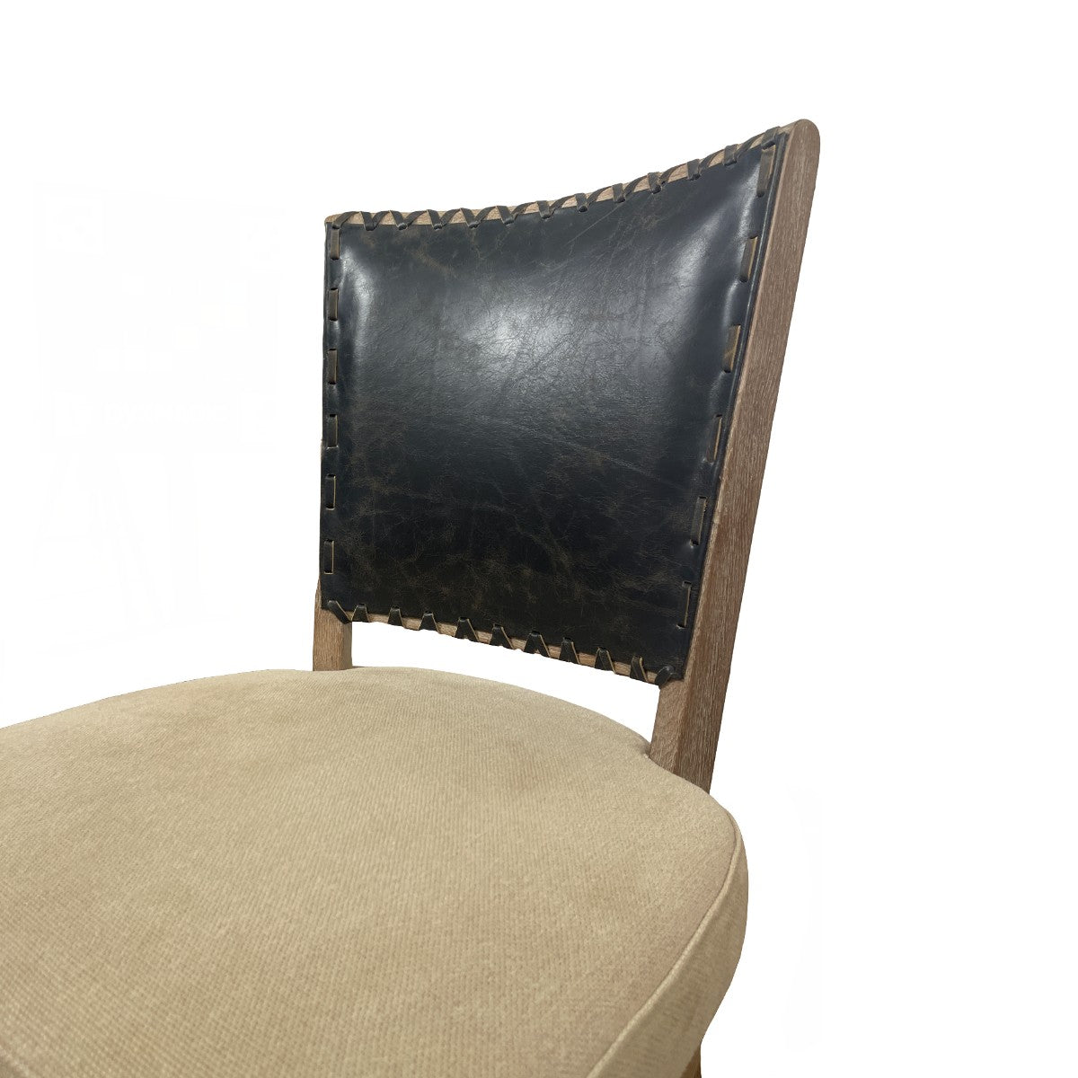 Side chair with a black leather back and upholstered seat on an oak frame