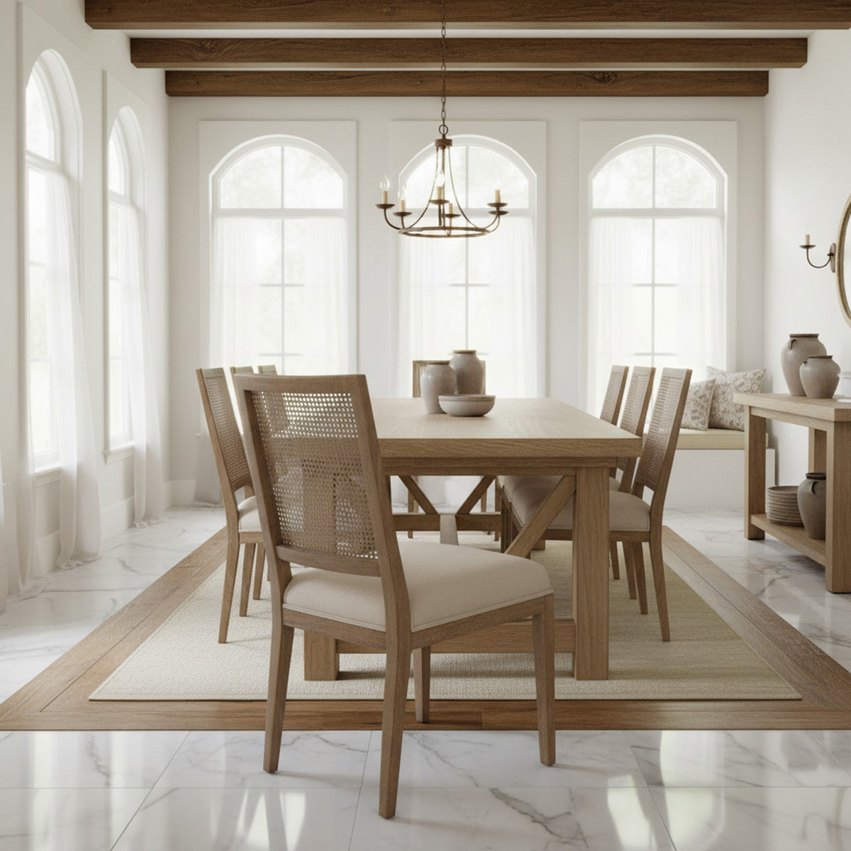 Oak side chair with a woven cane back and upholstered seat