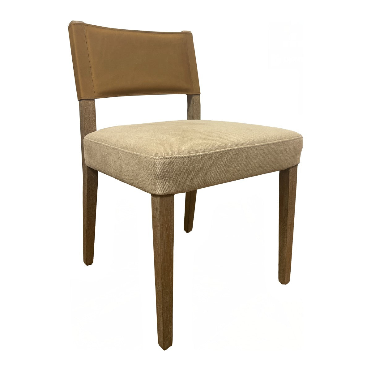 Side chair with a brown leather back and upholstered seat on an oak frame
