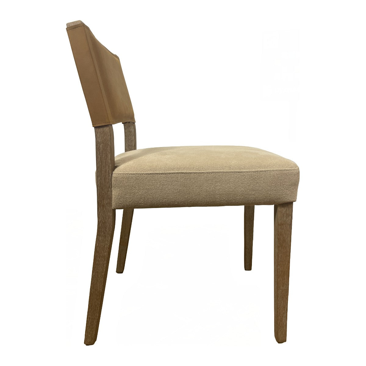 Side chair with a brown leather back and upholstered seat on an oak frame