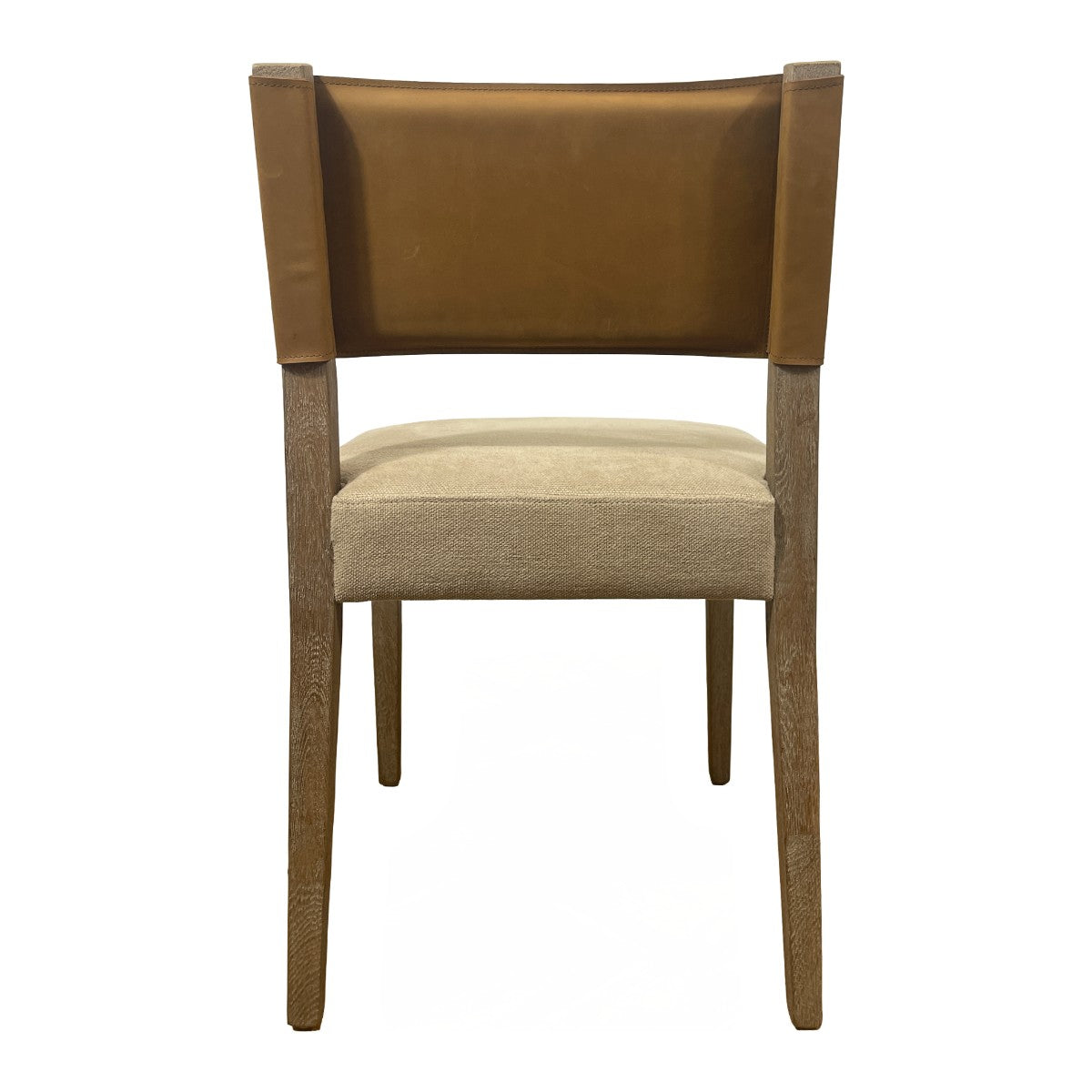 Side chair with a brown leather back and upholstered seat on an oak frame