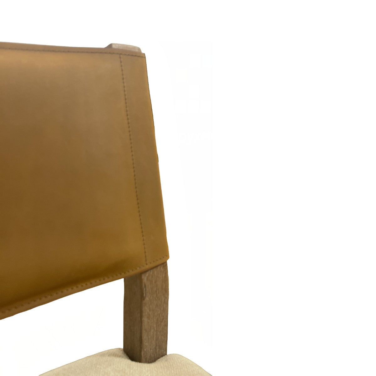 Side chair with a brown leather back and upholstered seat on an oak frame