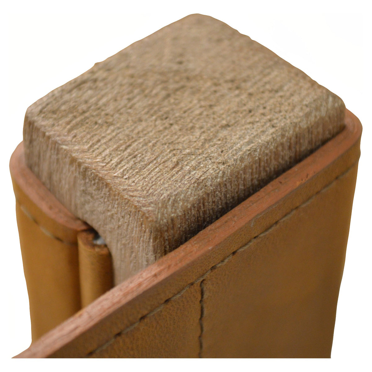 Side chair with a brown leather back and upholstered seat on an oak frame