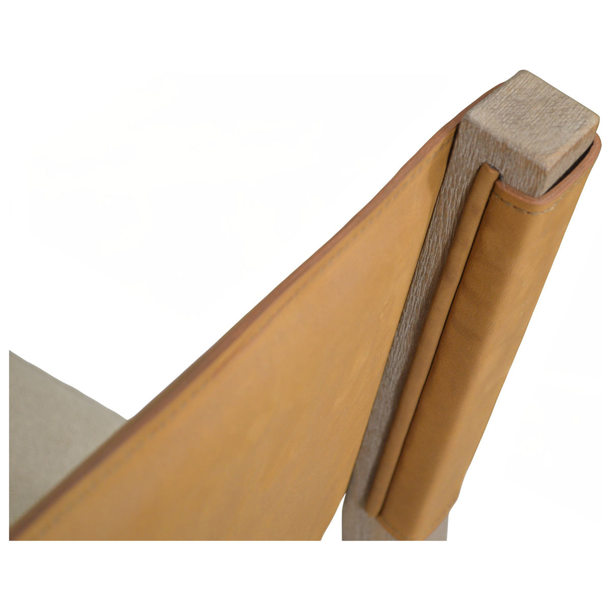 Side chair with a brown leather back and upholstered seat on an oak frame