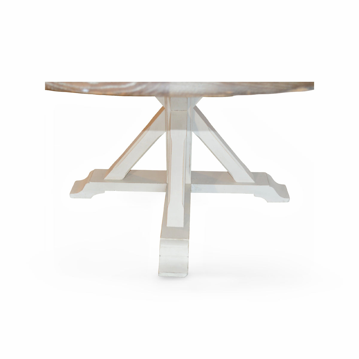 Round oak dining table in light burnt finish on an intersecting base