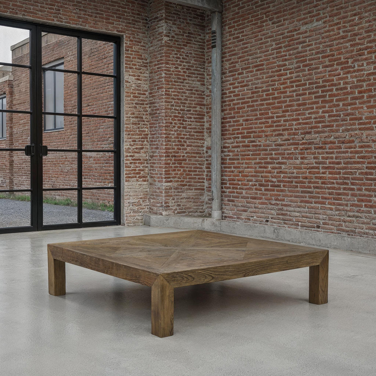 Low square reclaimed elm coffee table on solid legs