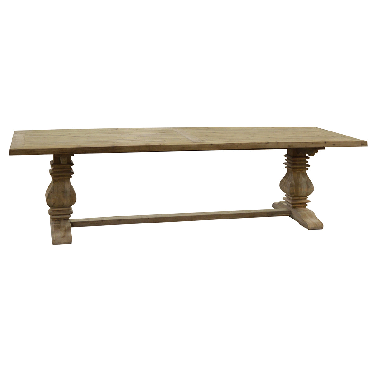 Reclaimed pine dining table in natural finish with turned baluster legs