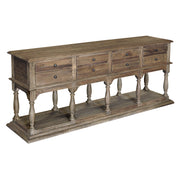 Reclaimed elm console table with eight drawers on turned supports