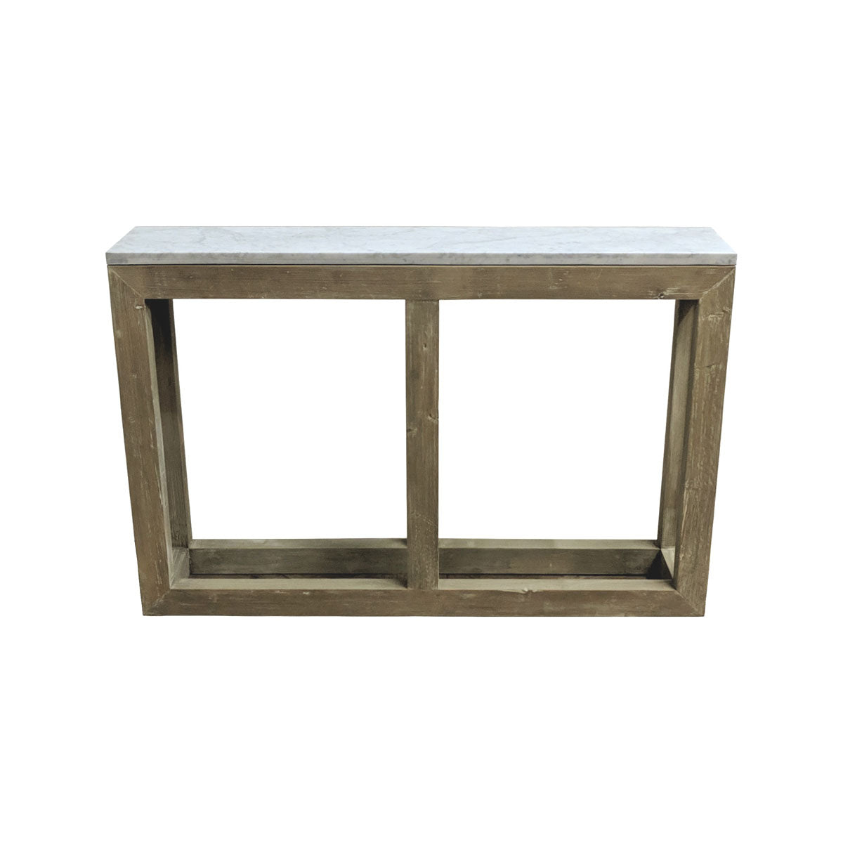 Reclaimed pine console table with white marble top on an open square base