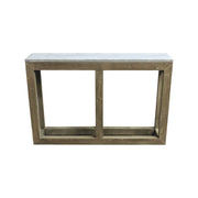 Reclaimed pine console table with white marble top on an open square base