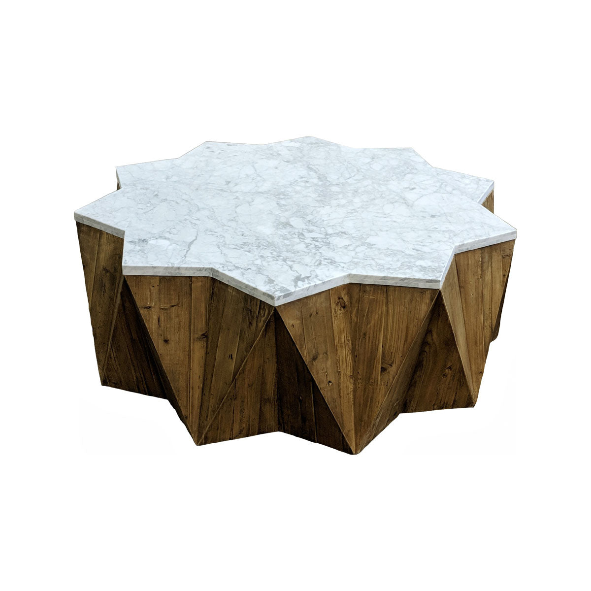 Star-shaped reclaimed pine coffee table with white marble top