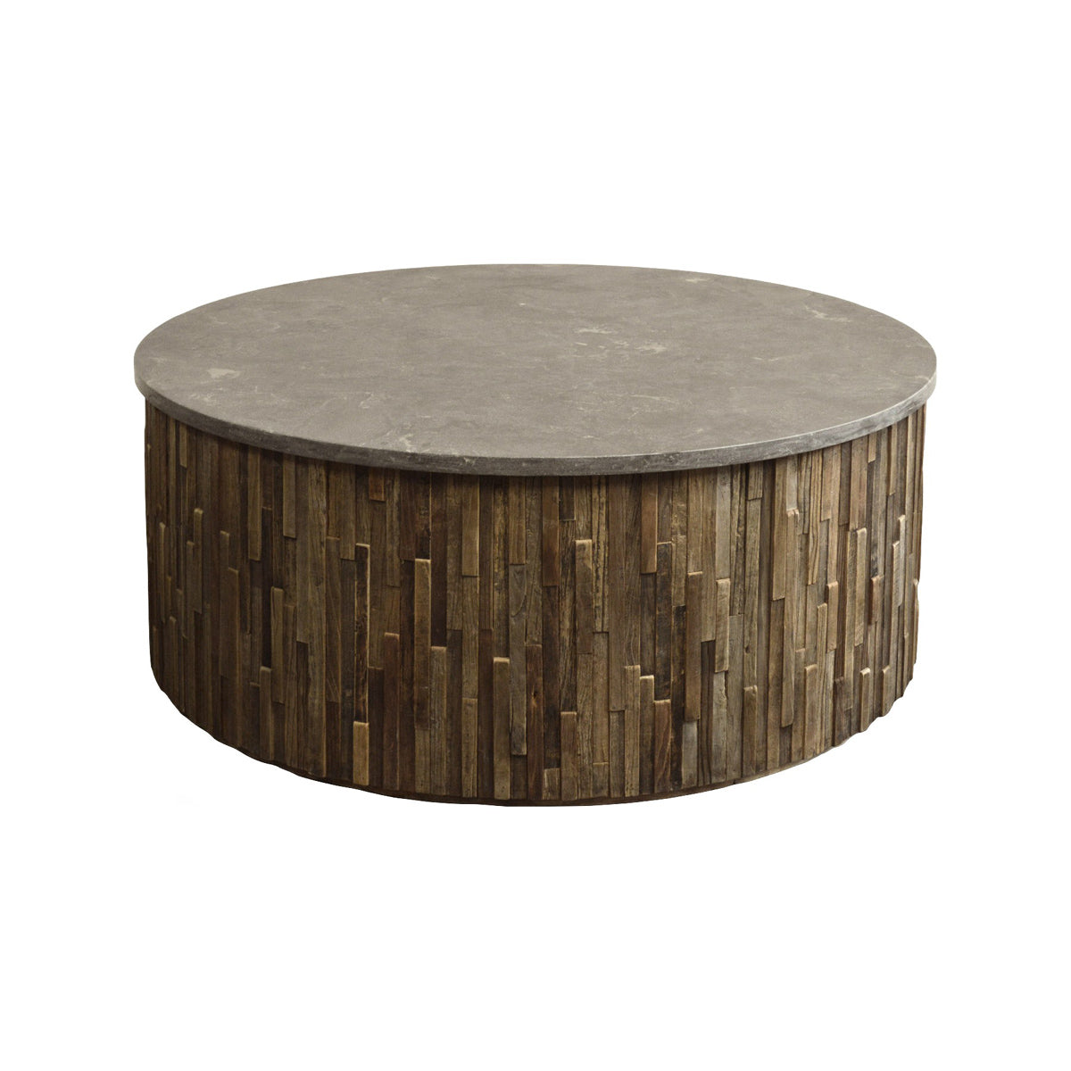 Round reclaimed elm coffee table with stone top on a layered block base