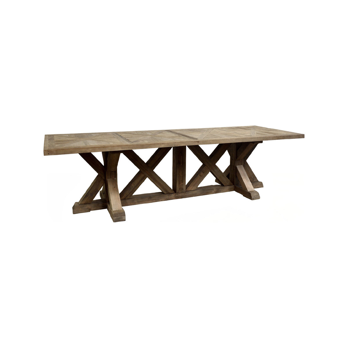 Reclaimed elm parquet-top dining table on an X-base