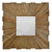 Square mirror framed by radiating reclaimed pine planks in a starburst
