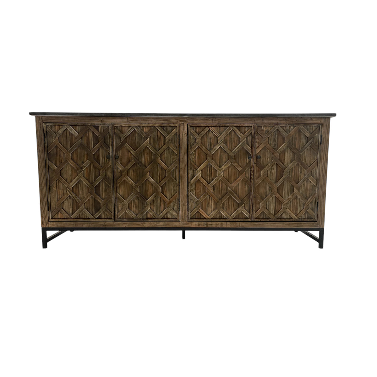 Reclaimed elm server with diamond-embossed door panels on a metal base