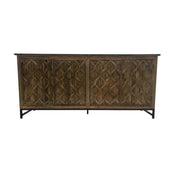 Reclaimed elm server with diamond-embossed door panels on a metal base