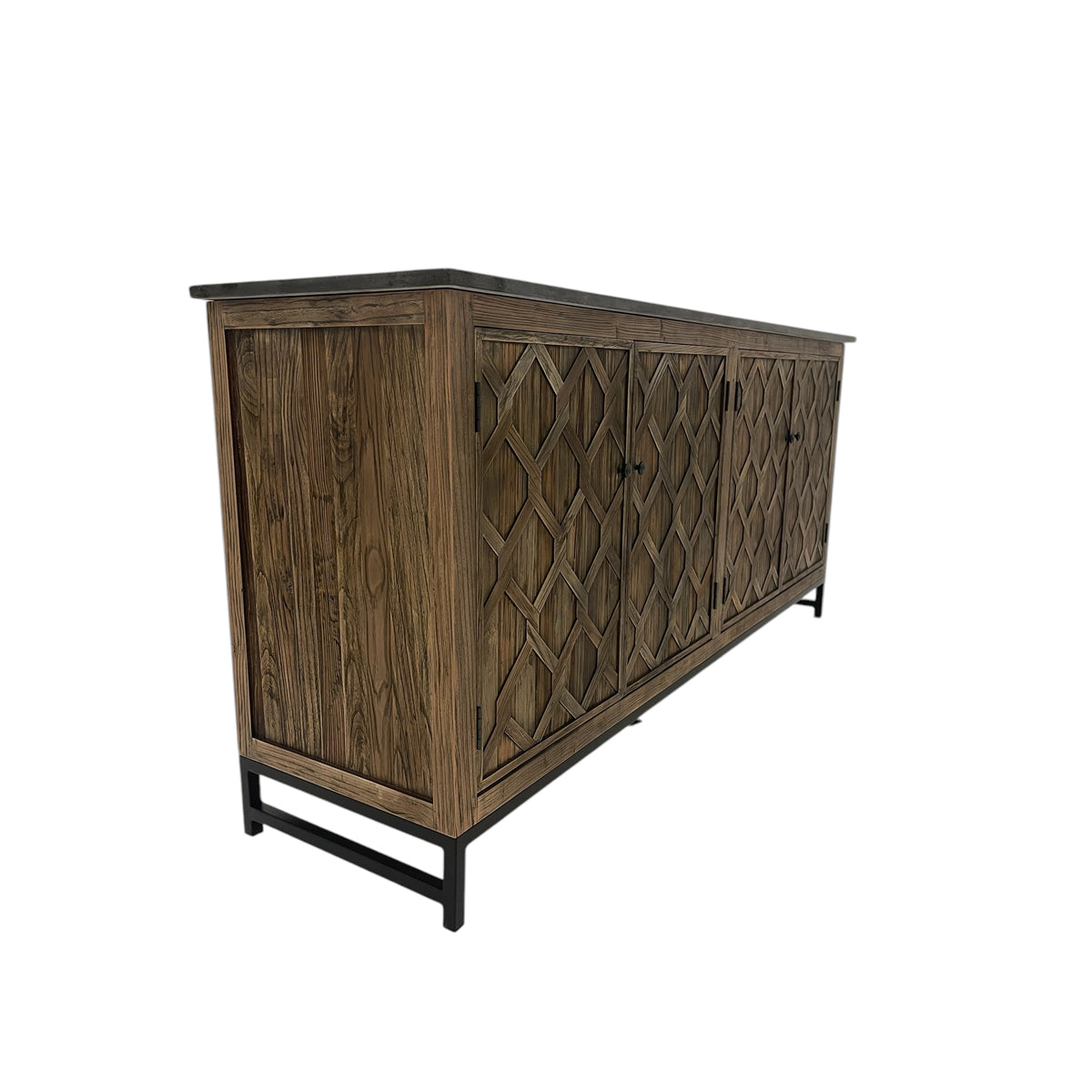 Reclaimed elm server with diamond-embossed door panels on a metal base