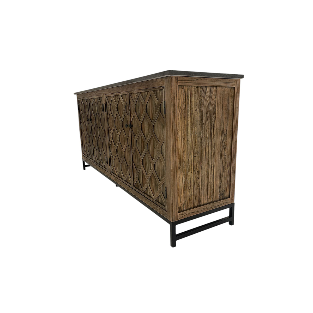 Reclaimed elm server with diamond-embossed door panels on a metal base