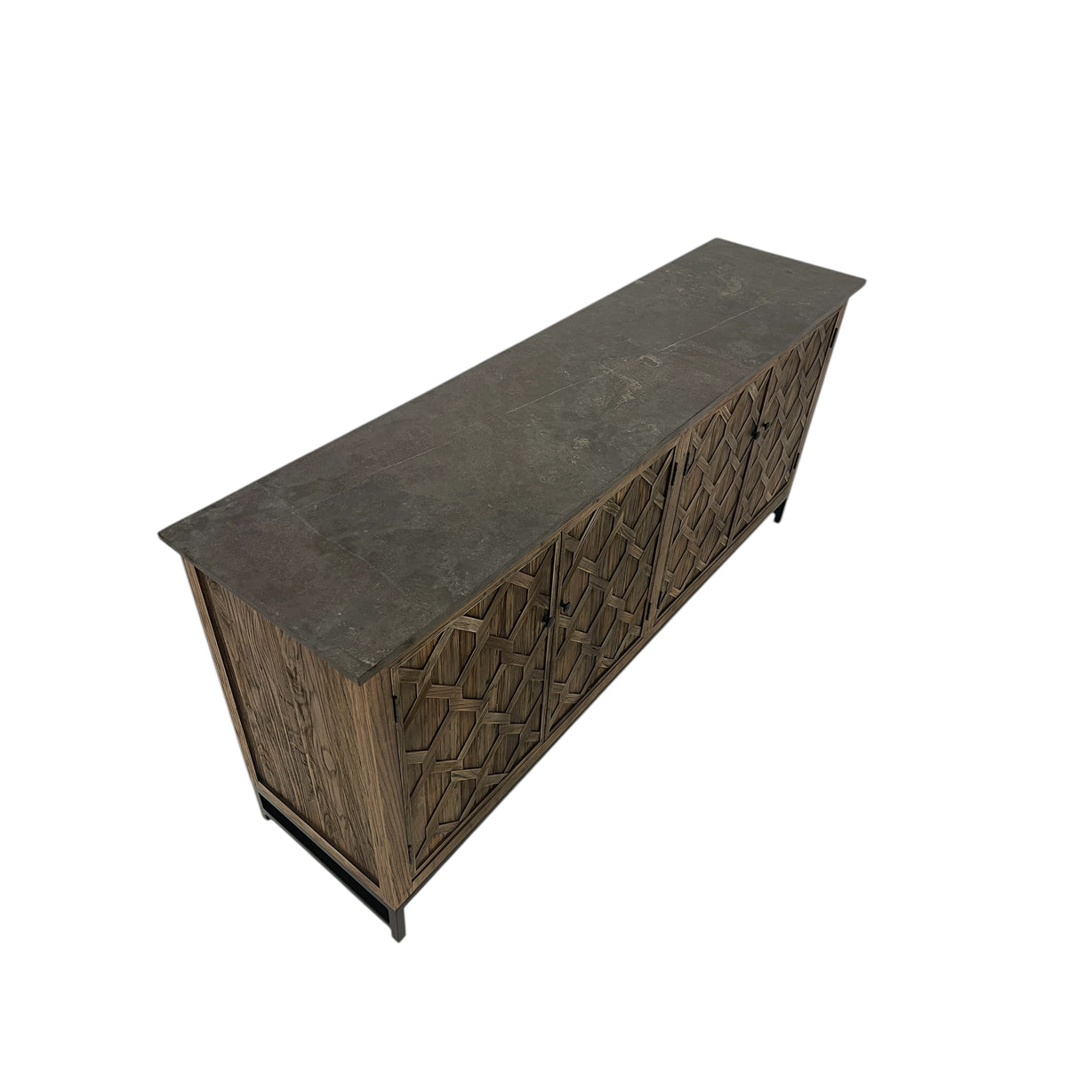 Reclaimed elm server with diamond-embossed door panels on a metal base