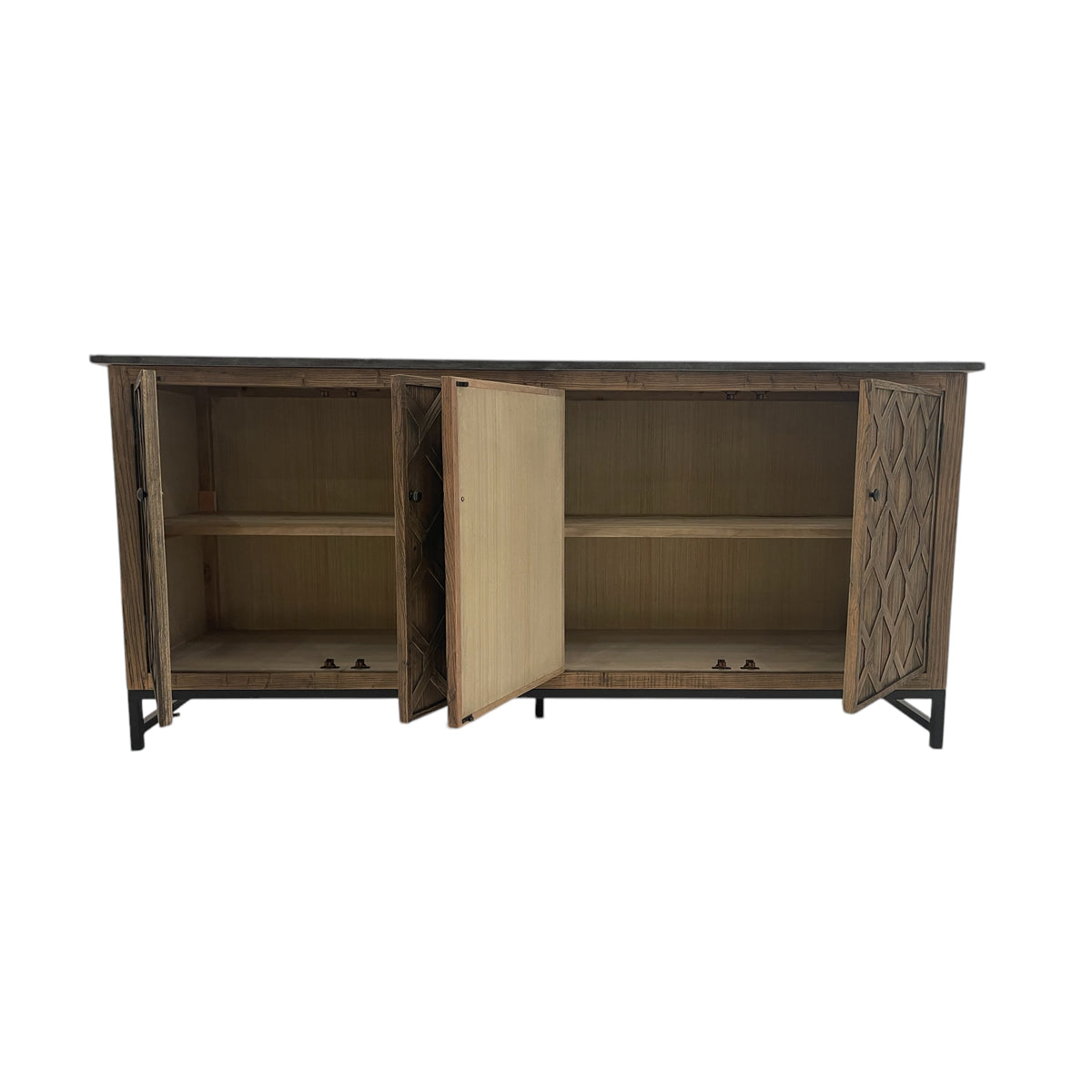 Reclaimed elm server with diamond-embossed door panels on a metal base