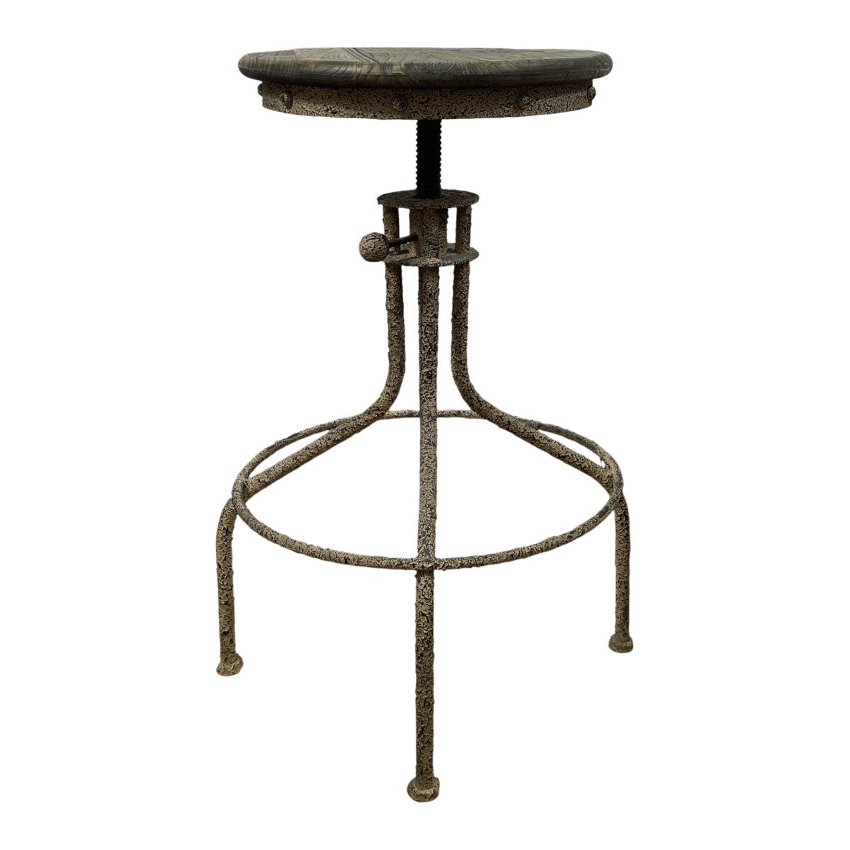 Bar stool with a natural elm seat on an open adjustable-height metal base