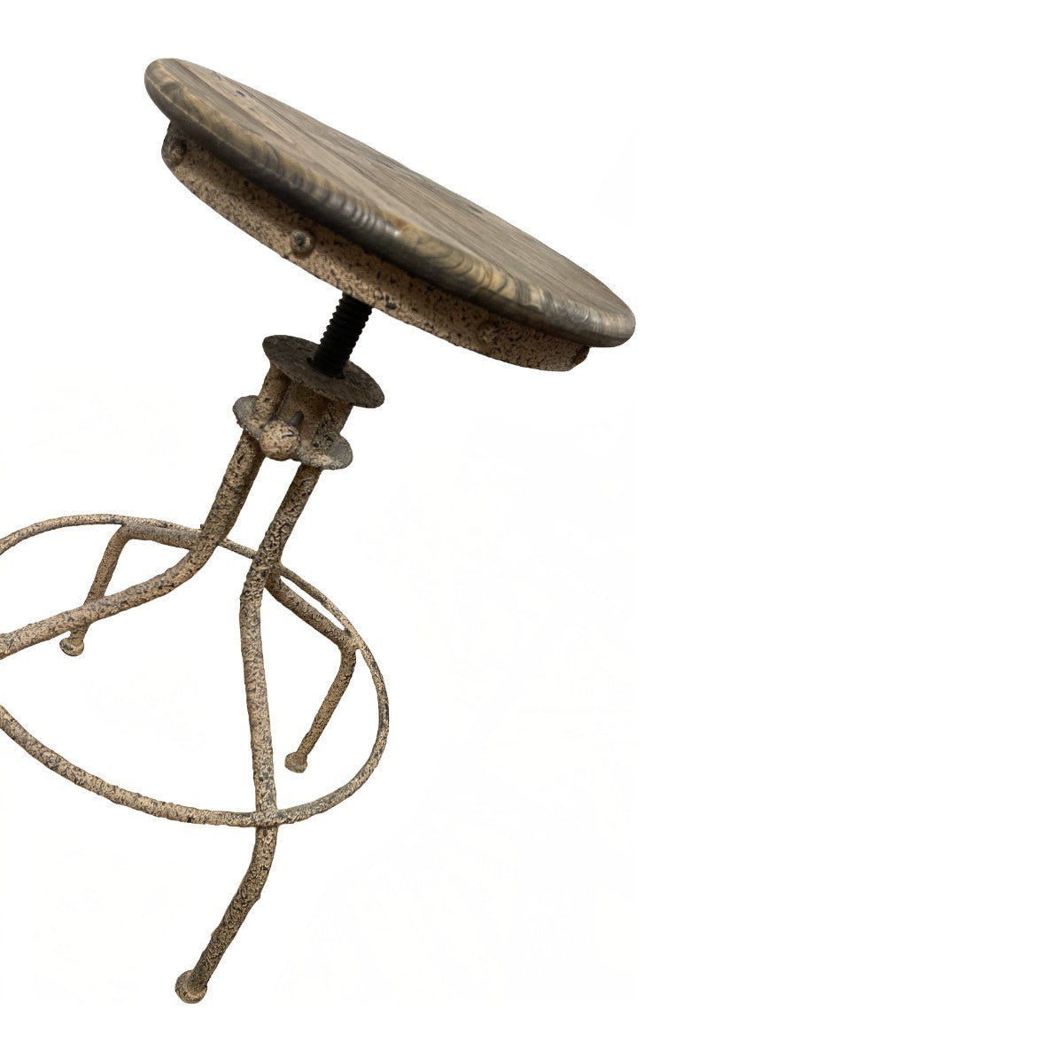 Bar stool with a natural elm seat on an open adjustable-height metal base