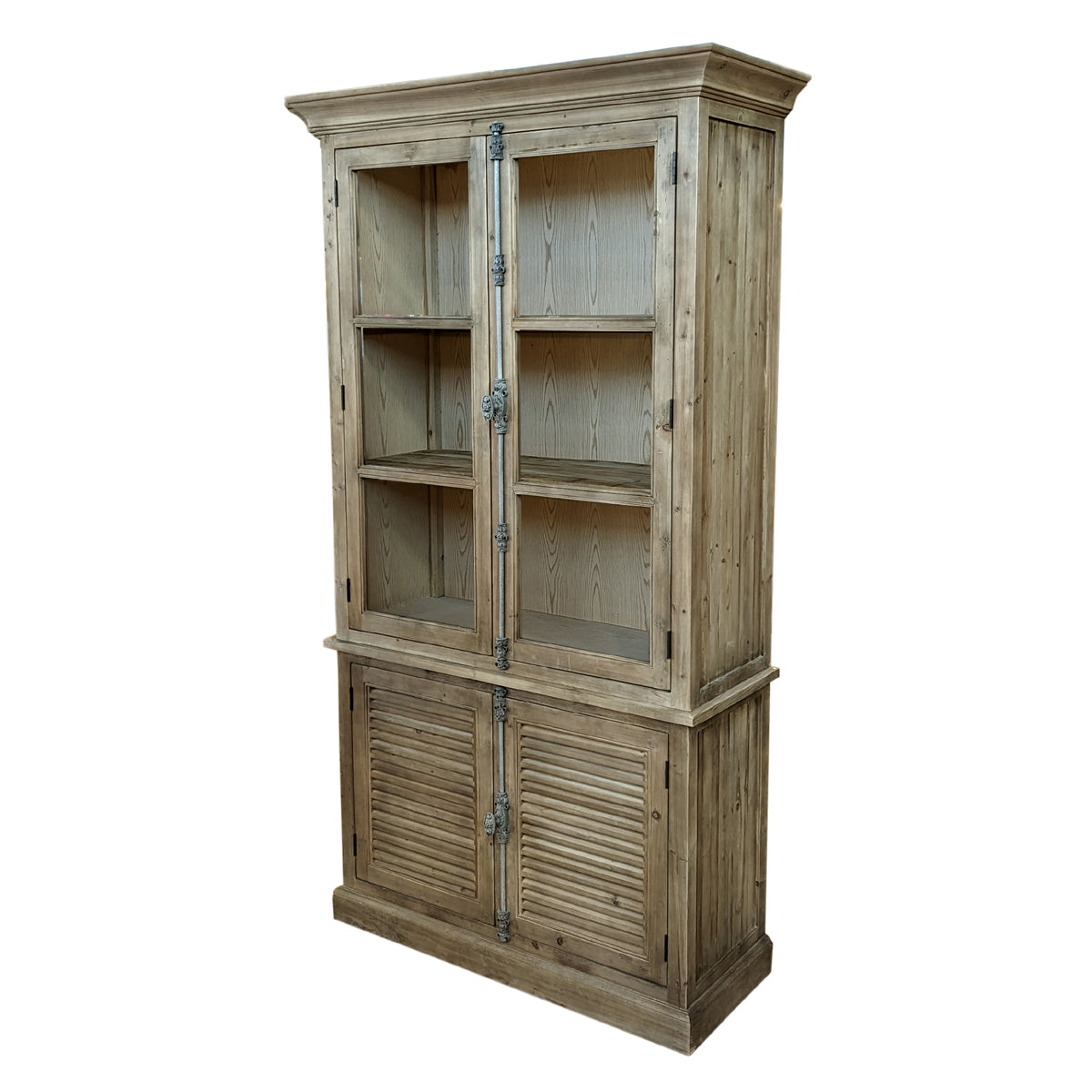 Reclaimed pine bookcase with a glazed upper cabinet and a planked lower base