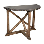 Half-round side table with zinc-clad top on a reclaimed pine base