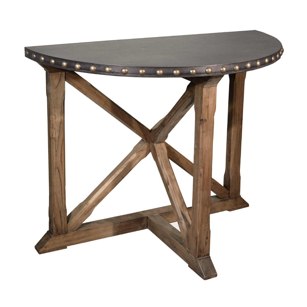 Half-round side table with zinc-clad top on a reclaimed pine base
