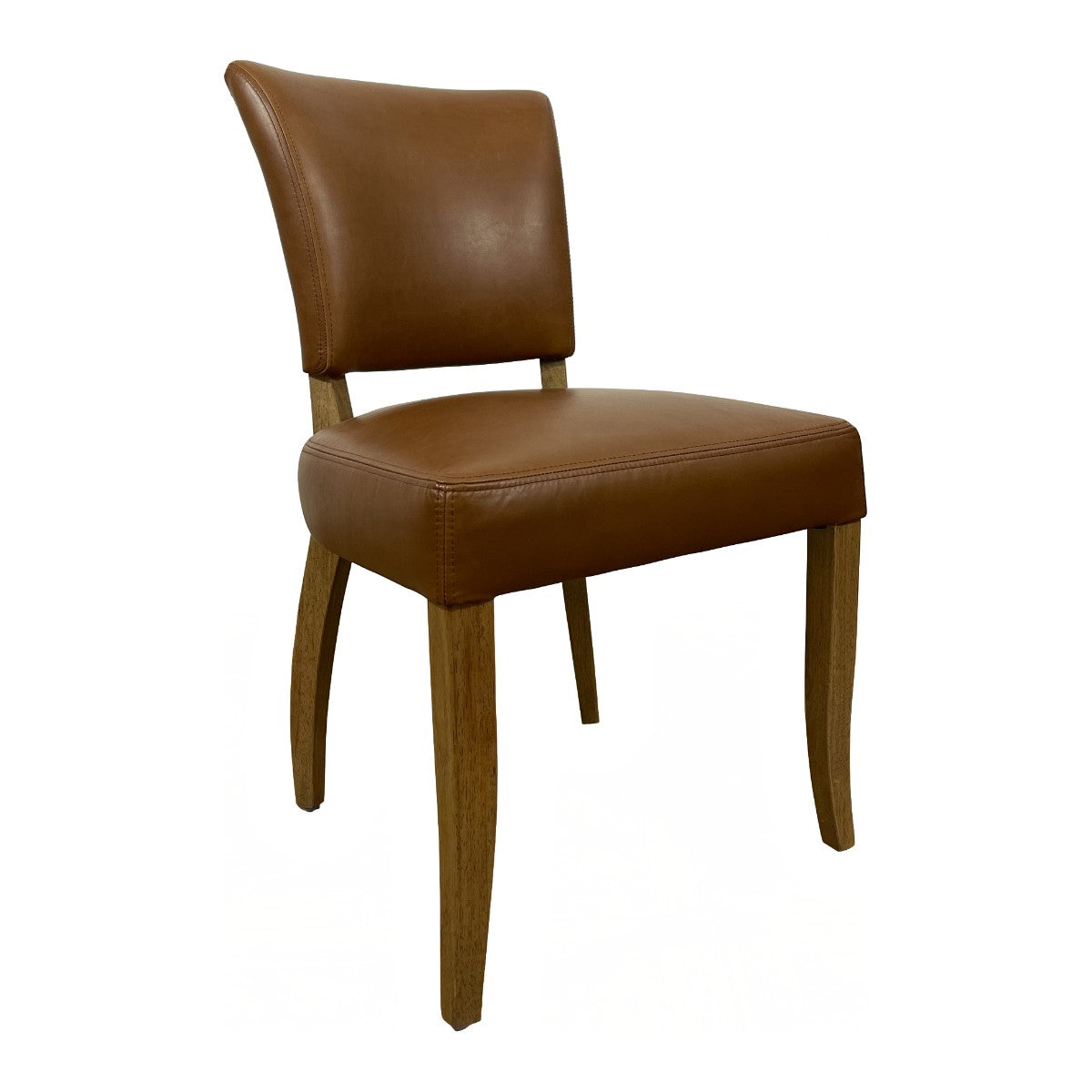 Compact dining chair with saddle leather seat and back on a weathered oak frame