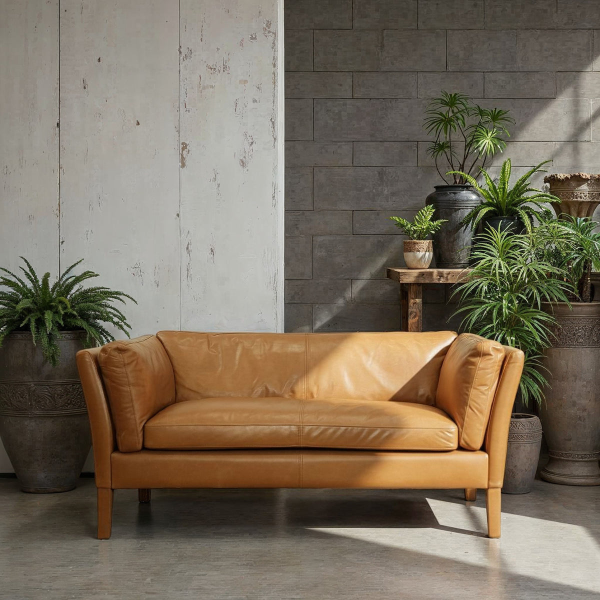Reggio two-seater sofa in soft Old Saddle Nut leather with a relaxed silhouette