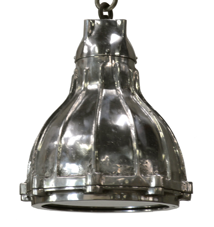 Shiny aluminum marine hanging light with ribbed metal detailing