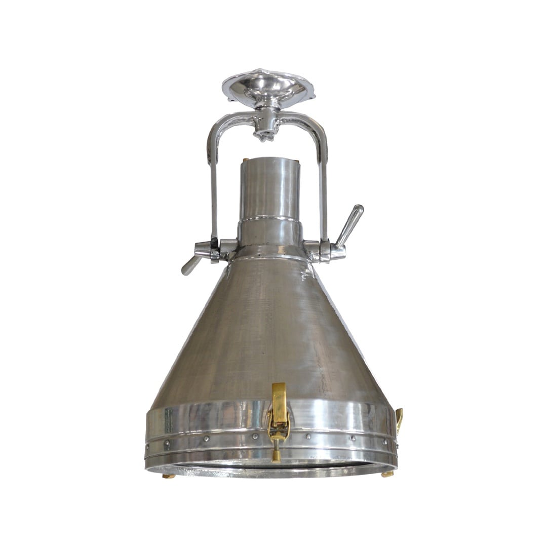 Shiny aluminum ceiling mount marine cargo light, salvaged and restored