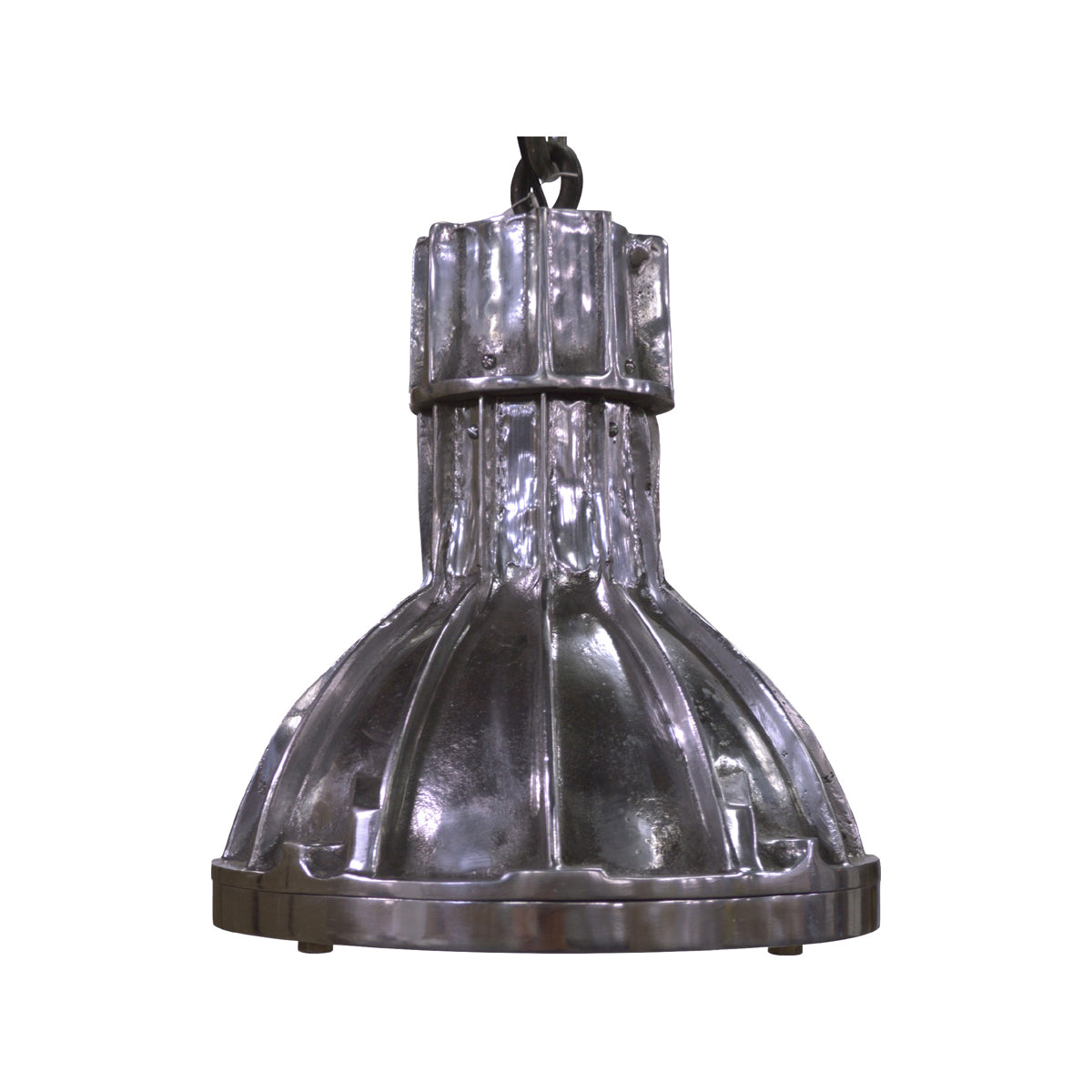 Small shiny aluminum marine hanging light with ribbed metal detailing