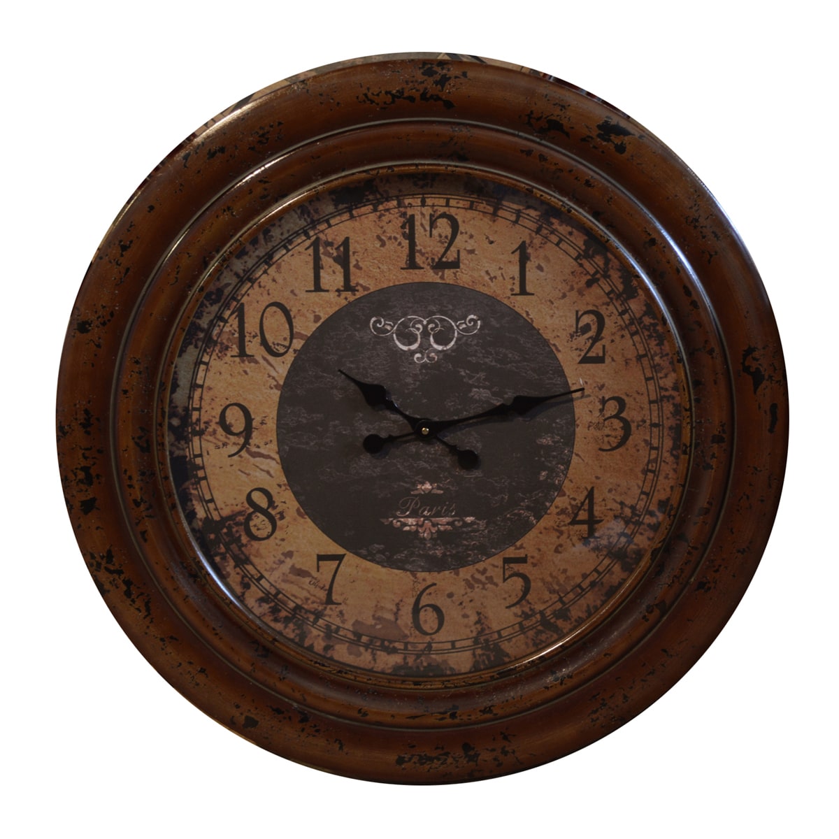 Round distressed wall clock with a Roman numeral dial