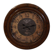 Round distressed wall clock with a Roman numeral dial