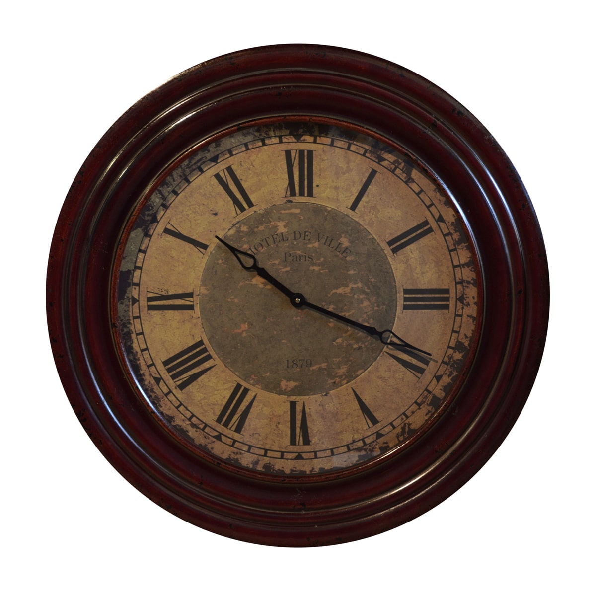 Round wall clock with a deep dark frame and aged Roman numeral dial
