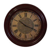 Round wall clock with a deep dark frame and aged Roman numeral dial