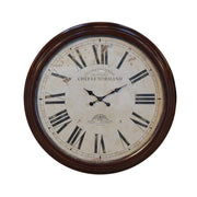 Round wall clock with a thin frame and aged Roman numeral dial