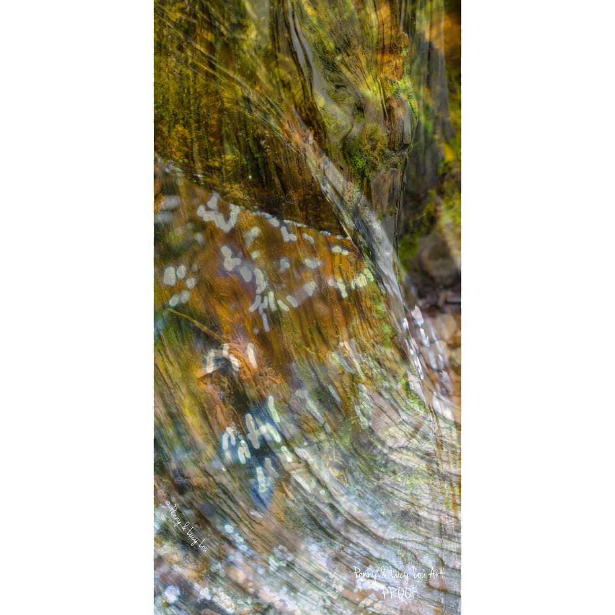Vertical photograph of moving water and reflected light