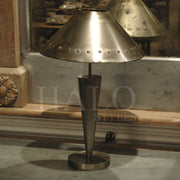 Cone lamp with tapered body, round base and cone-shaped metal shade