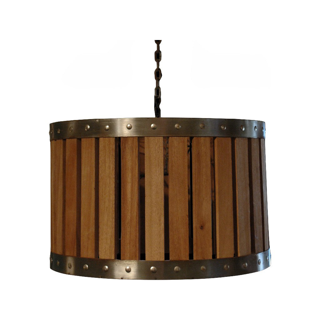 Large suspended Chalet pendant lamp with vertical wood slats in metal frame