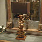 Large driftwood table lamp with stacked wood body and square chocolate shade