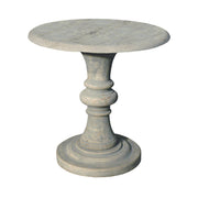 Round reclaimed pine side table on a turned base in distressed grey